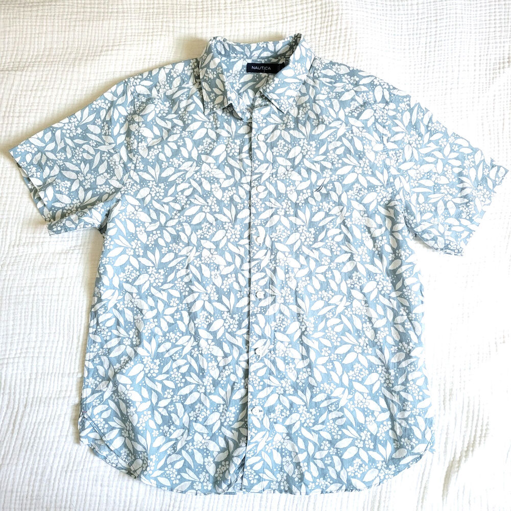 Nautica Mens Large Buttondown Shirt White and Blue Short Sleeve Linen Cotton